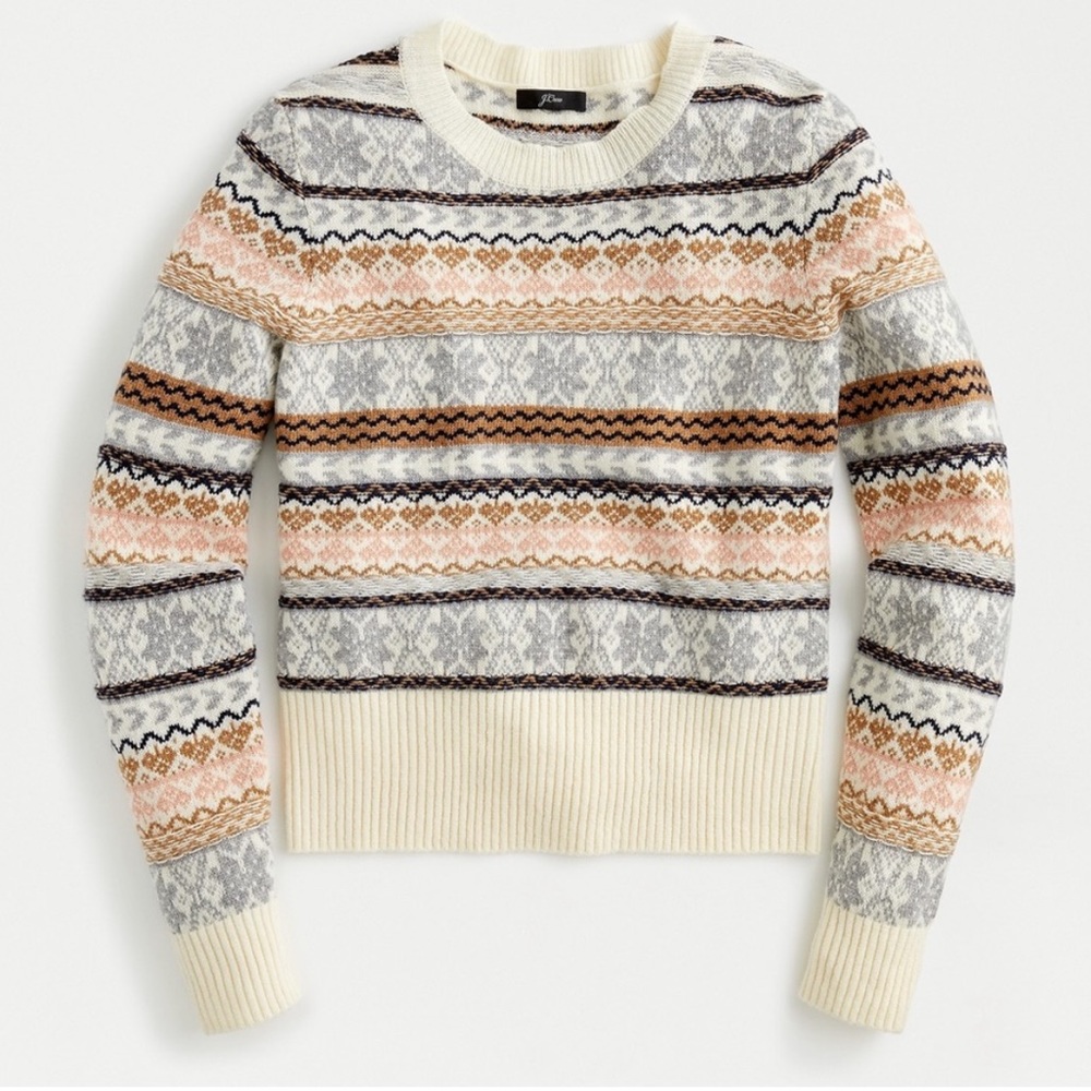 NWT J. Crew Fair Isle Crewneck Sweater Apres Ski Cream Gray Folk Size Small